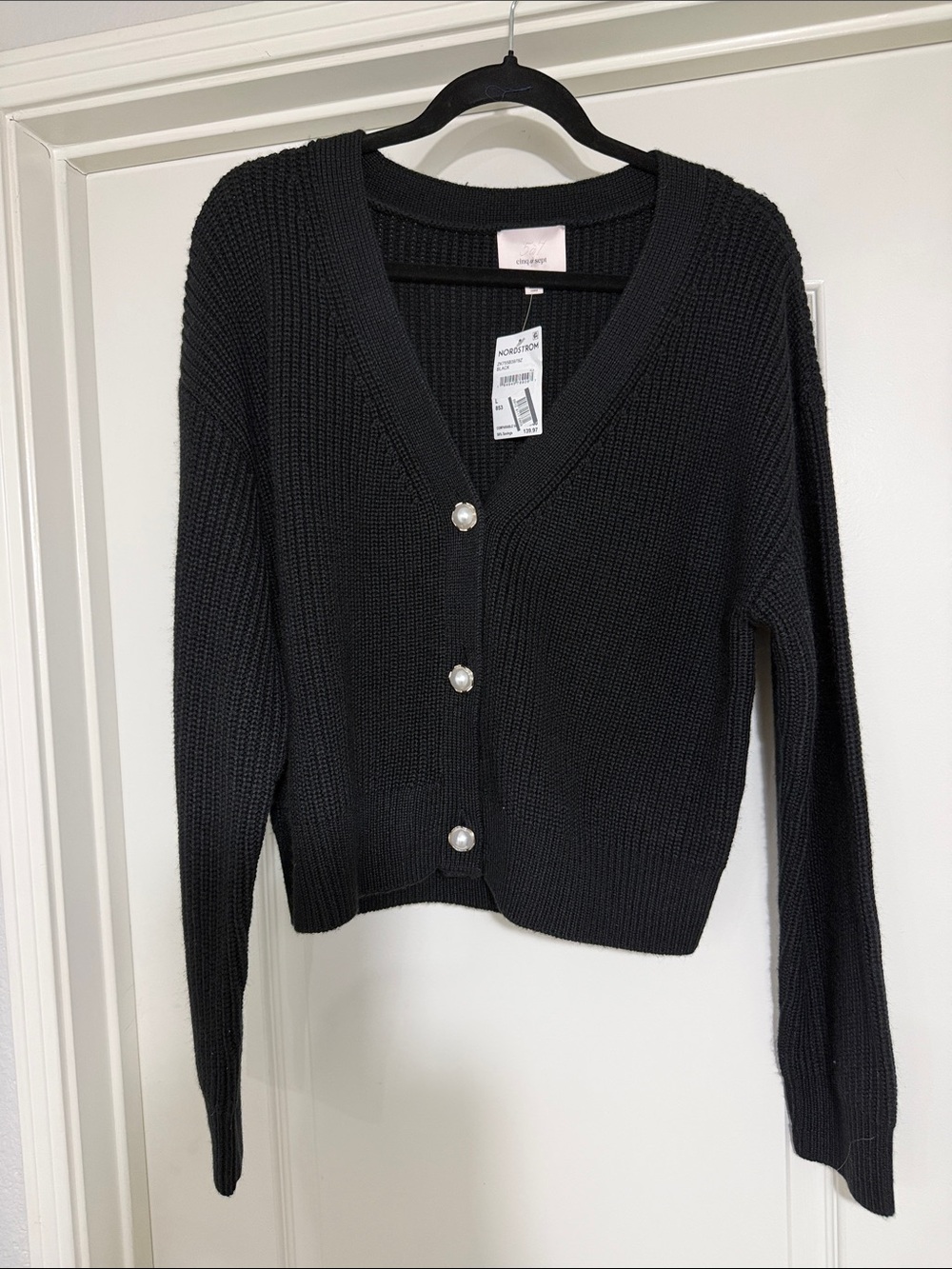 Cinq a Sept Womens Black V-Neck Button Cardigan Sweater knit pearl detail NWT L